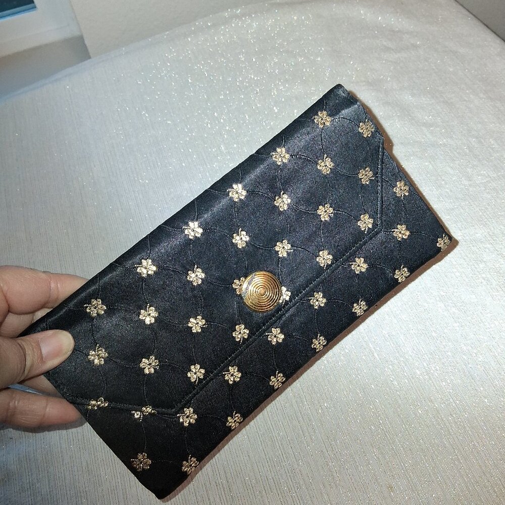 LIN*BREN Vintage 1950s RARE Black & Gold Satin Brocade clutch evening bag USA